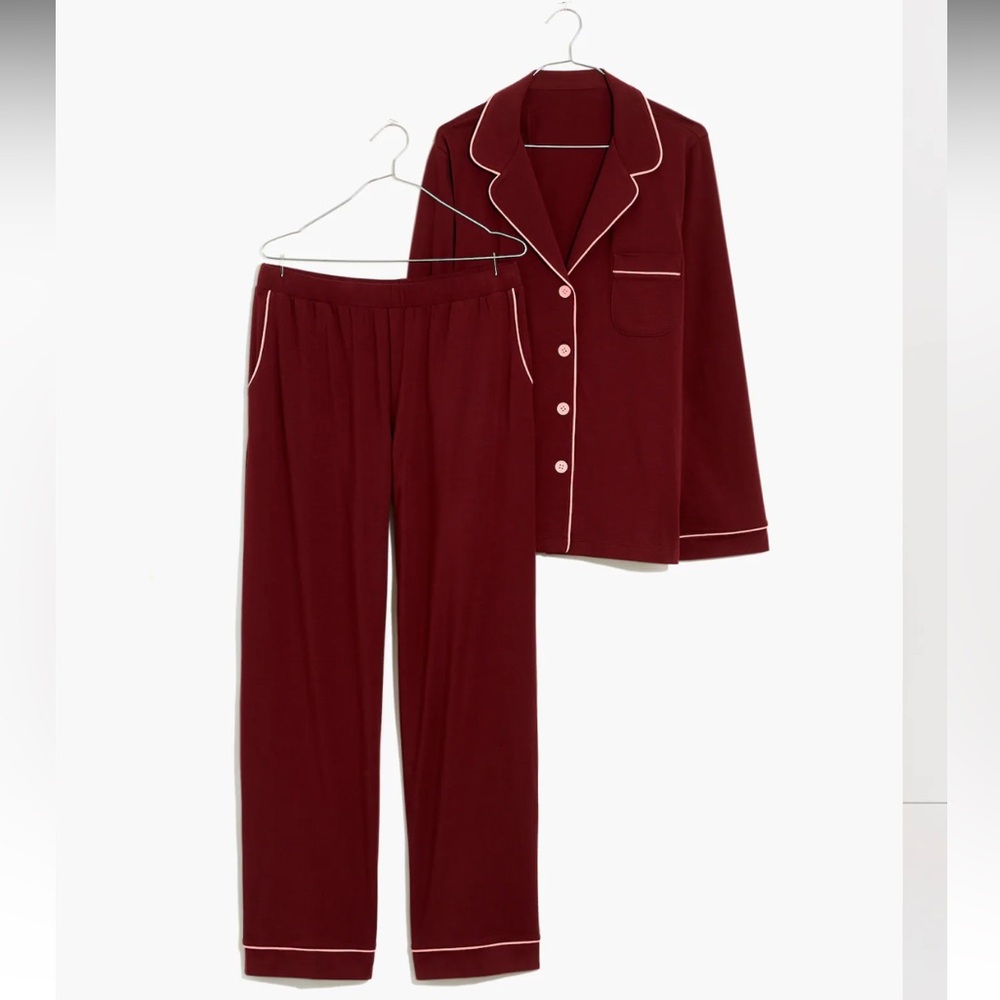 NWT Madewell Knit Bedtime Pajama Set, Dark Cabernet w/ Pink Trim, Size S - Picture 10 of 11